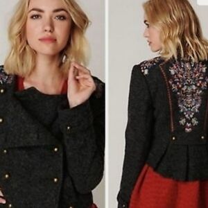 FREE People Picchi Wool Embroidered Pleated Jacket size 10